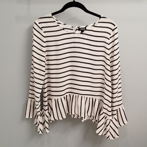 a.n.a Tops - ANA Ivory & Black Striped Bell Sleeve Top in Med.